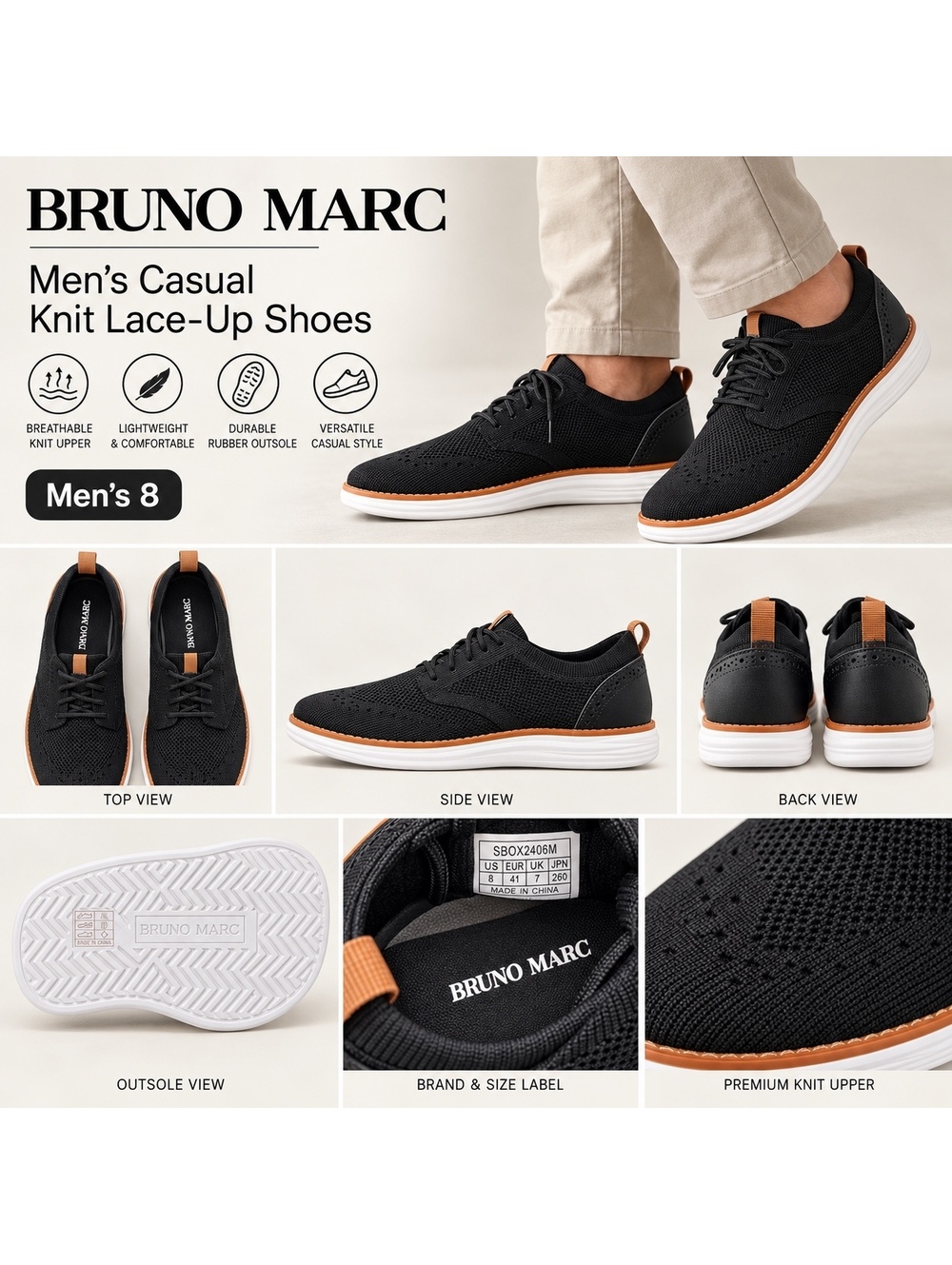 Bruno Marc Men's Black Knit Lace Up Casual Shoes Size 8
